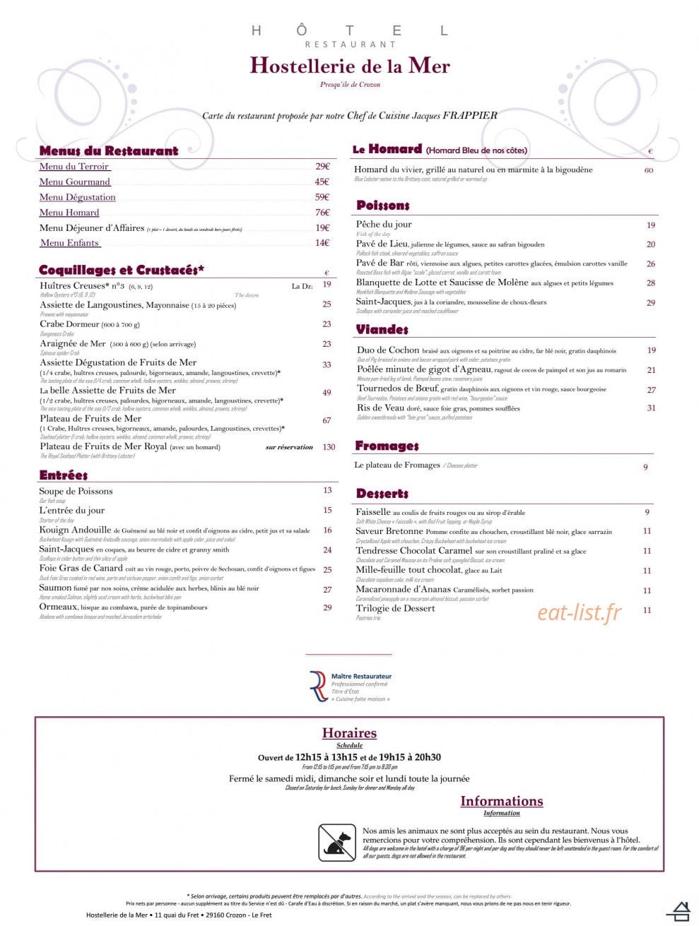 Hostellerie de la Mer — carte page 1