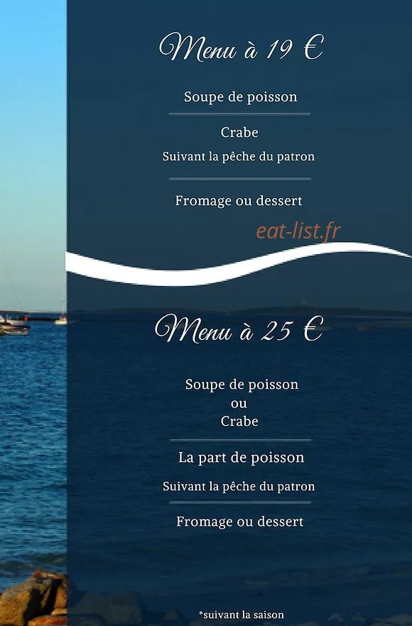 Carte et menu de Les Viviers des Glénan à Fouesnant — Le menu à 19€ et menu à 25€