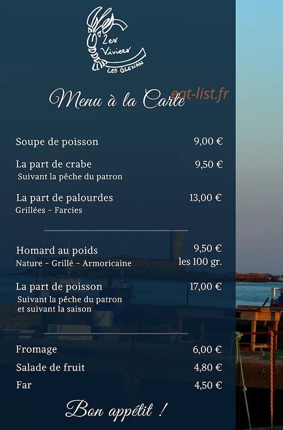 Carte et menu de Les Viviers des Glénan à Fouesnant — Le menu à la carte