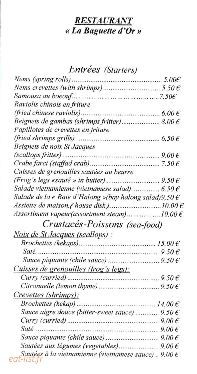 Restaurant La Baguette d'Or — carte page 1