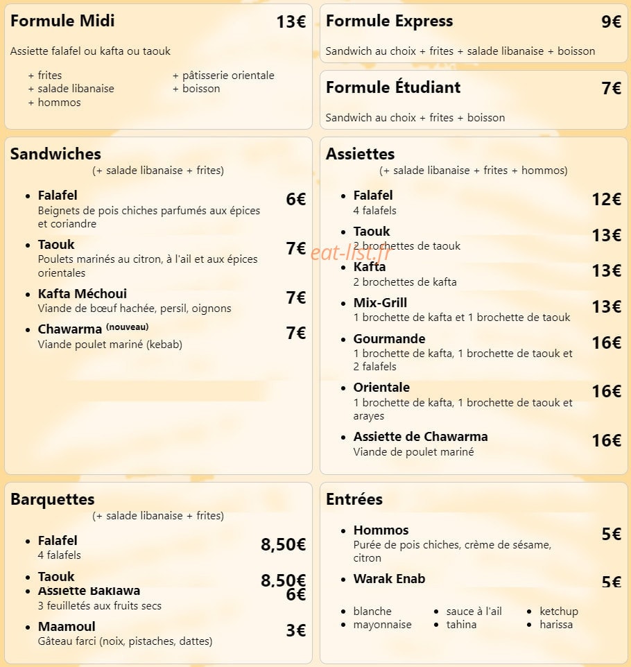 Au Falafel du Liban — carte page 1