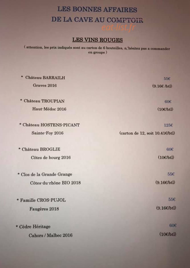 De La Cave Au Comptoir — carte page 1