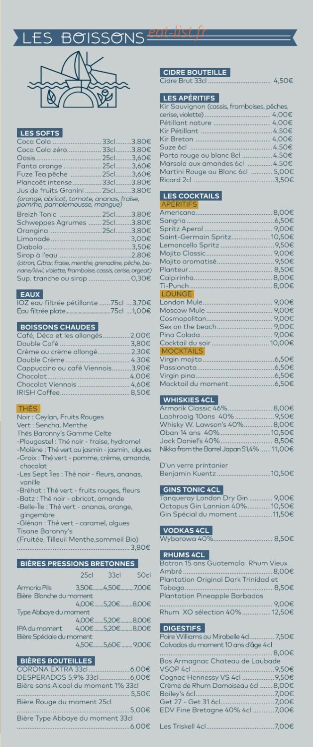 Carte et menu de Le Marie Louise à Brest — Les boissons