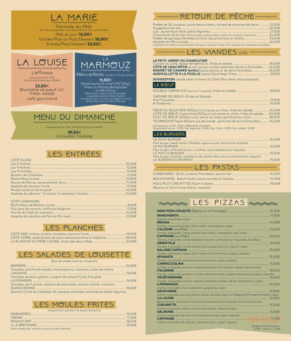 Carte et menu de Le Marie Louise à Brest — Les formules, a la carte et pizzas