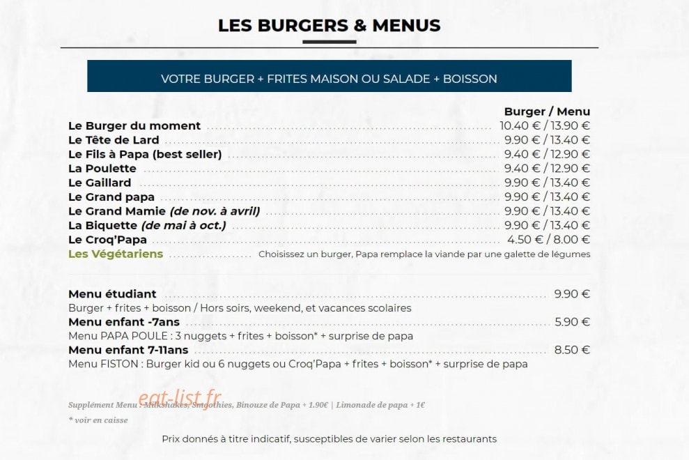 Les Burgers de Papa — carte page 2