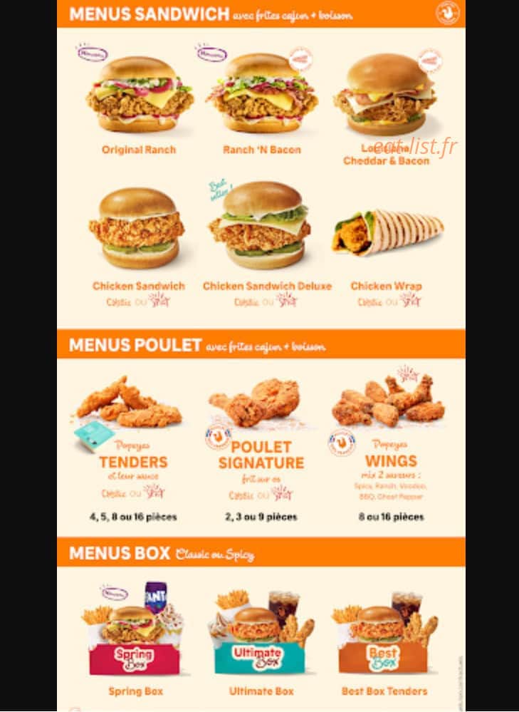 Carte et menu de Popeyes à Brest — Les menus