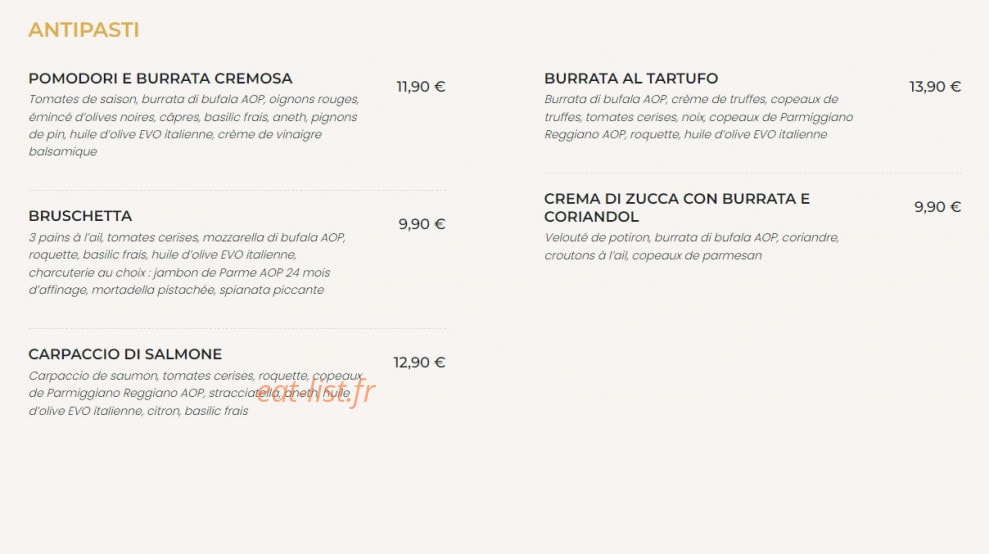 Si Ristorante — carte page 1