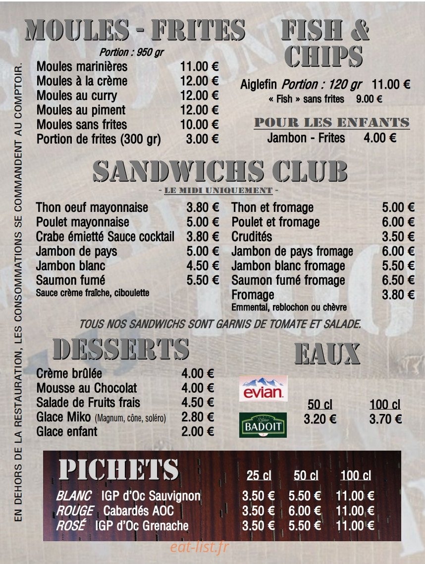 Menu Tour Du Monde - Les moules, frites, sandwiches club...