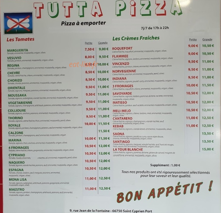 Tutta Pizza — carte page 1
