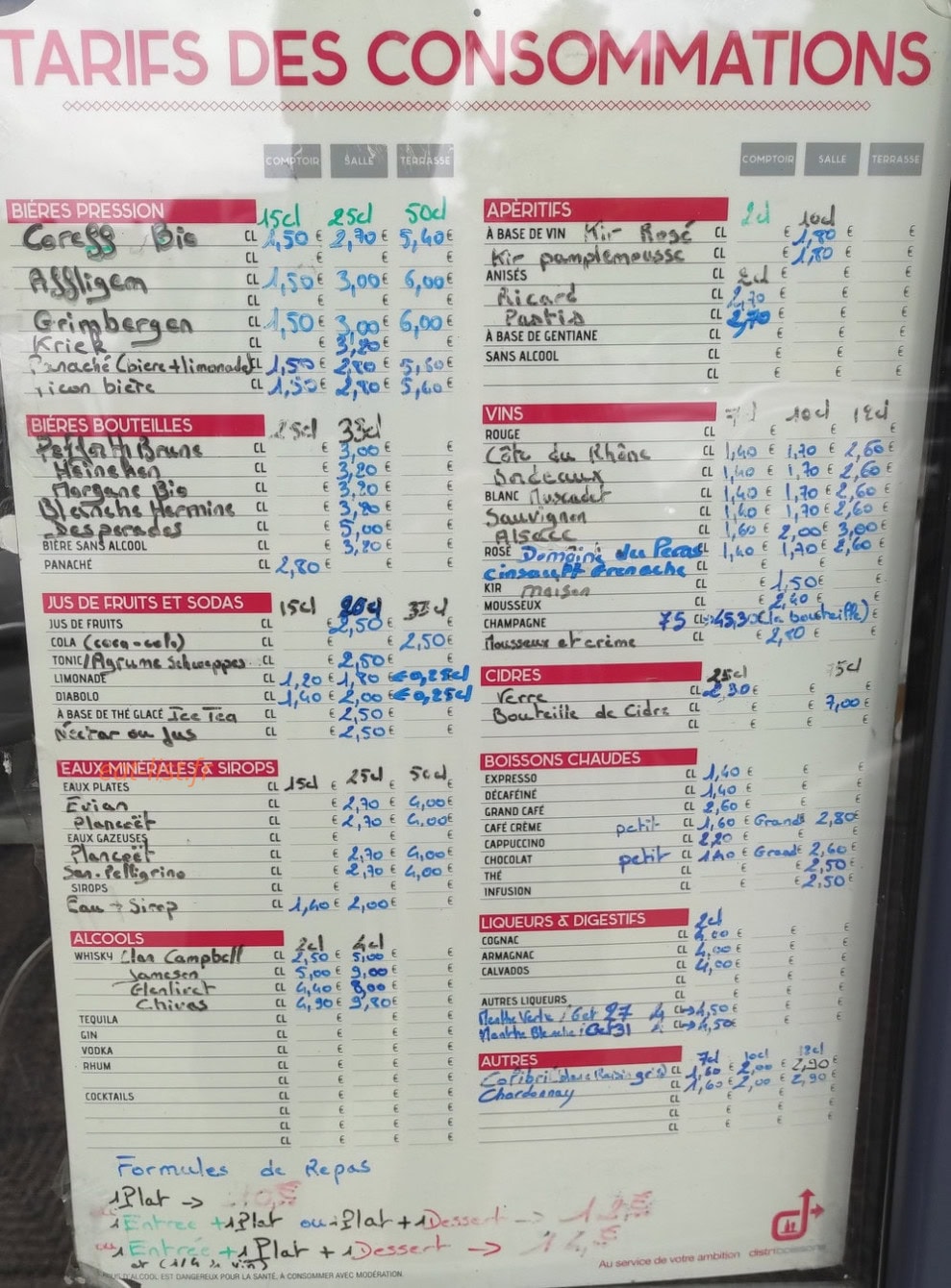 Carte et menu de Bar Brasserie du Poher à Carhaix Plouguer — Les tarifs de consommations
