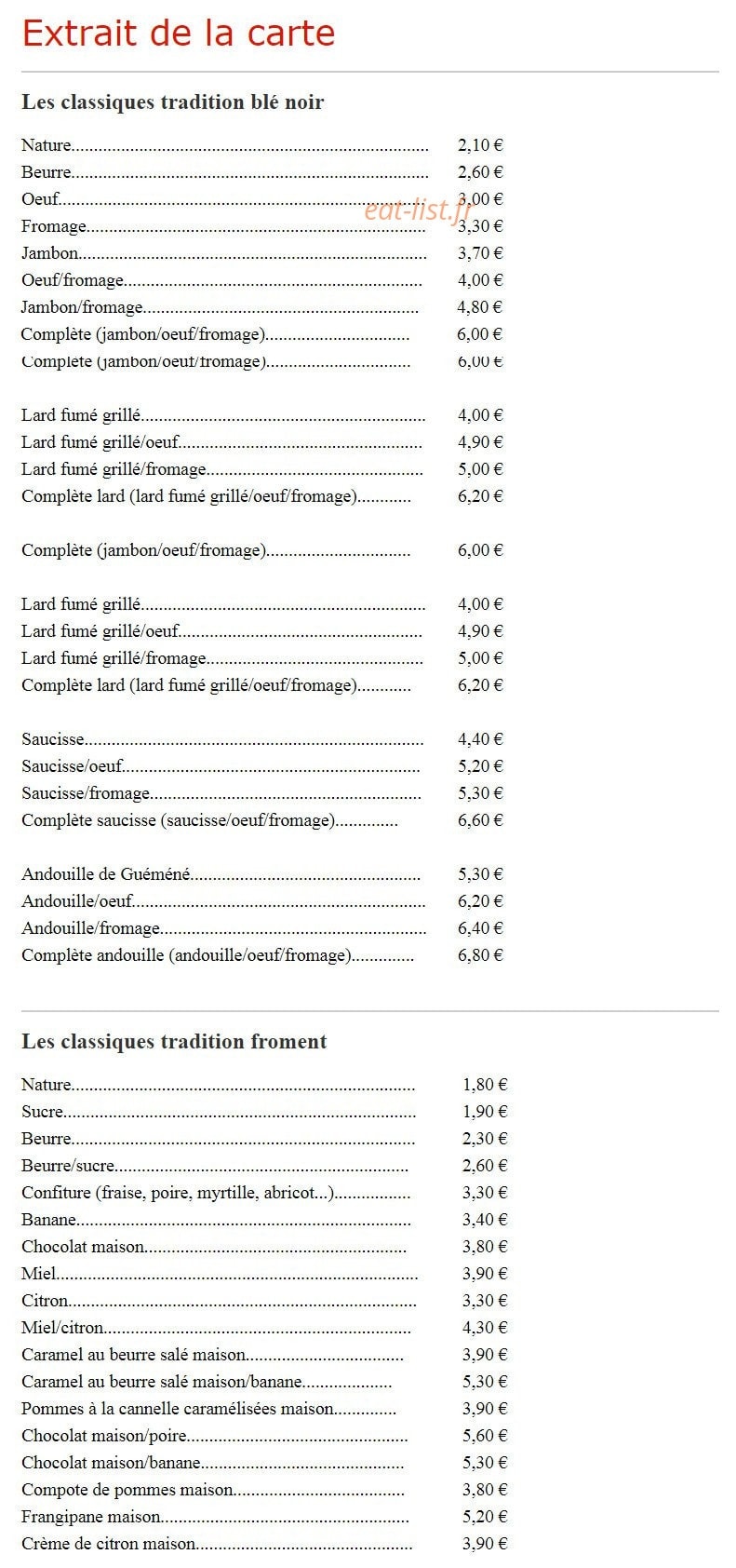 Crêperie Ty-Gwechall — carte page 1