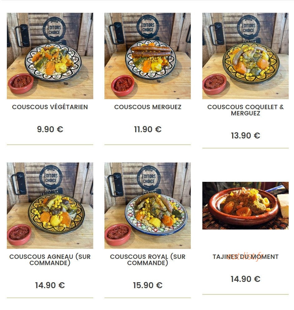 Carte et menu de La Brasserie Marocaine à Carhaix Plouguer — Les couscous et tajines