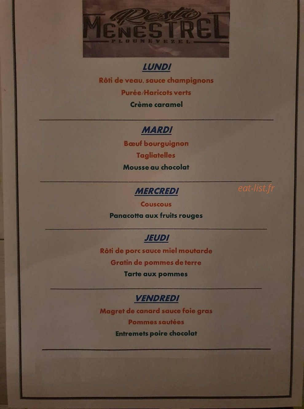 Restaurant Ménestrel — carte page 1