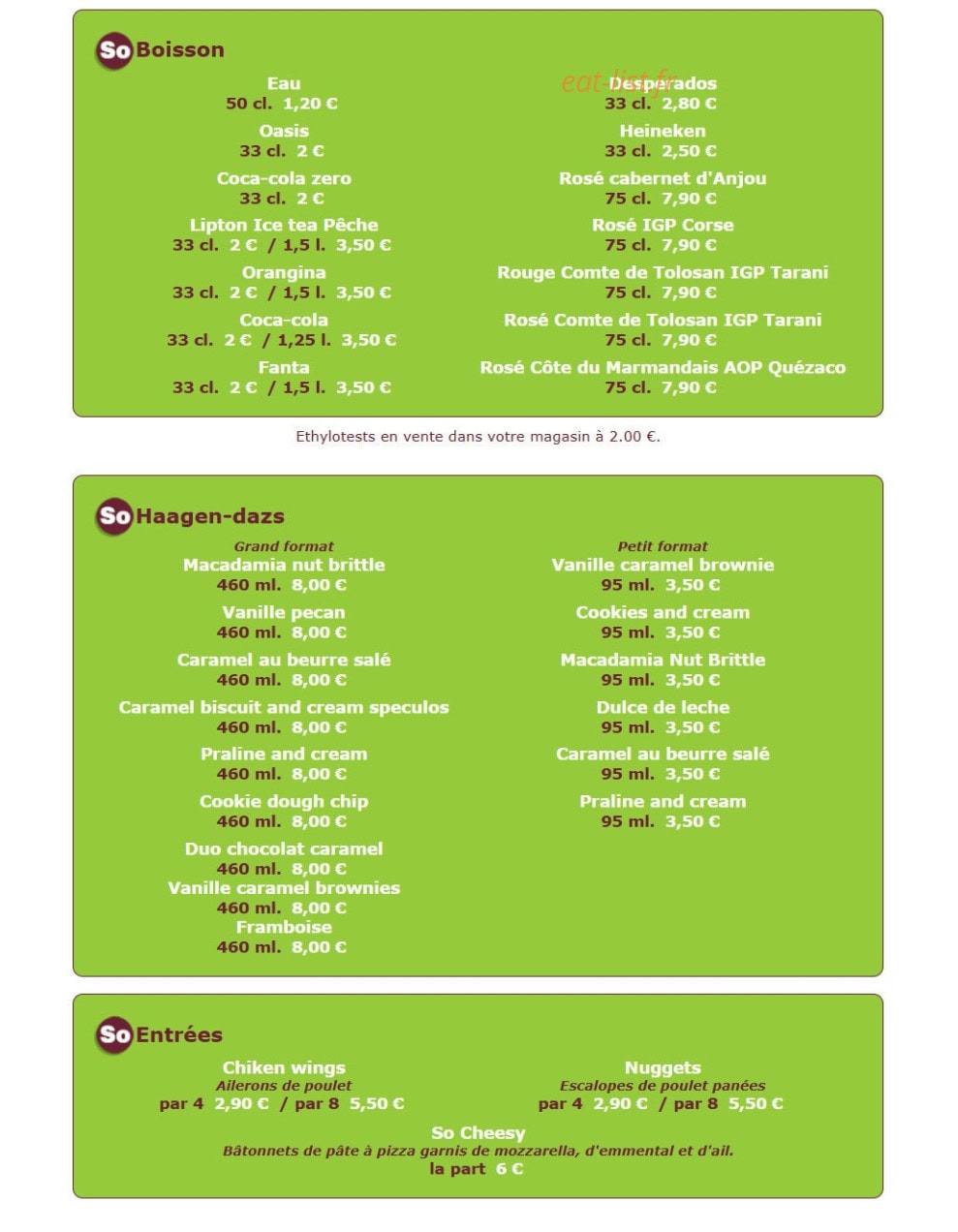 Carte et menu de So pizz à Plouzane — Boissons, entrées...