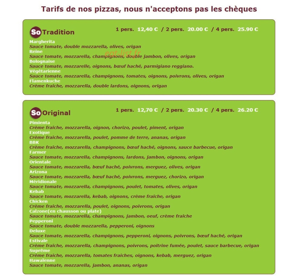 Carte et menu de So pizz à Plouzane — Tradition, original
