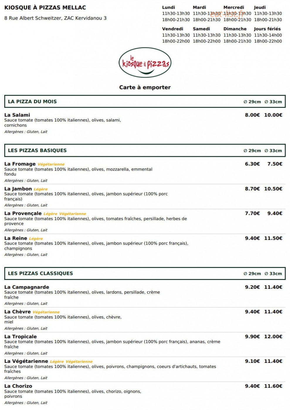 Le Kiosque à Pizzas — carte page 1