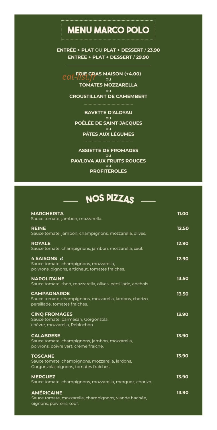 Carte et menu de Le Marco Polo à Quimperle — Pizzas...
