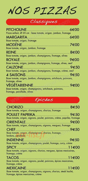 Bella Pizza — carte page 2
