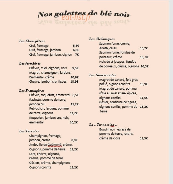 Crêperie Tir na n'og — carte page 2