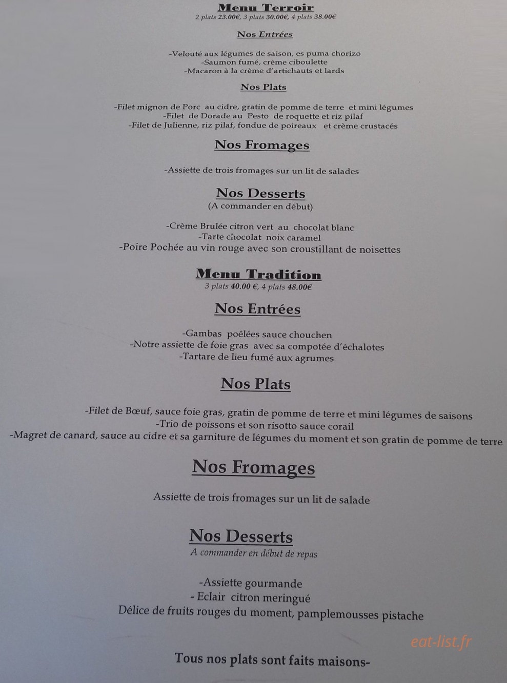 Carte et menu de Auberge Saint Thegonnec à Saint-Thégonnec Loc-Eguiner — Menus