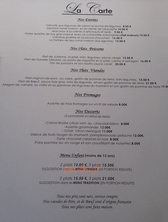 Carte et menu de Auberge Saint Thegonnec à Saint-Thégonnec Loc-Eguiner — Entrées, poissons, viandes,....