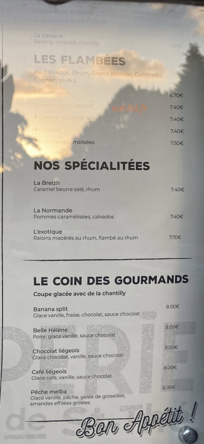 Carte et menu de Crêperie de Saint-Thé à Saint-Thégonnec Loc-Eguiner — Les flambées, spécialités, ...