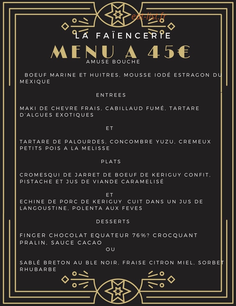 Carte et menu de La faïencerie à Daoulas — Menu à 45€