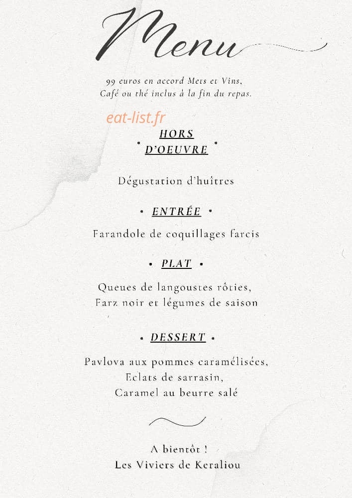 Carte et menu de Les Viviers de Keraliou à Plougastel Daoulas — Le menu