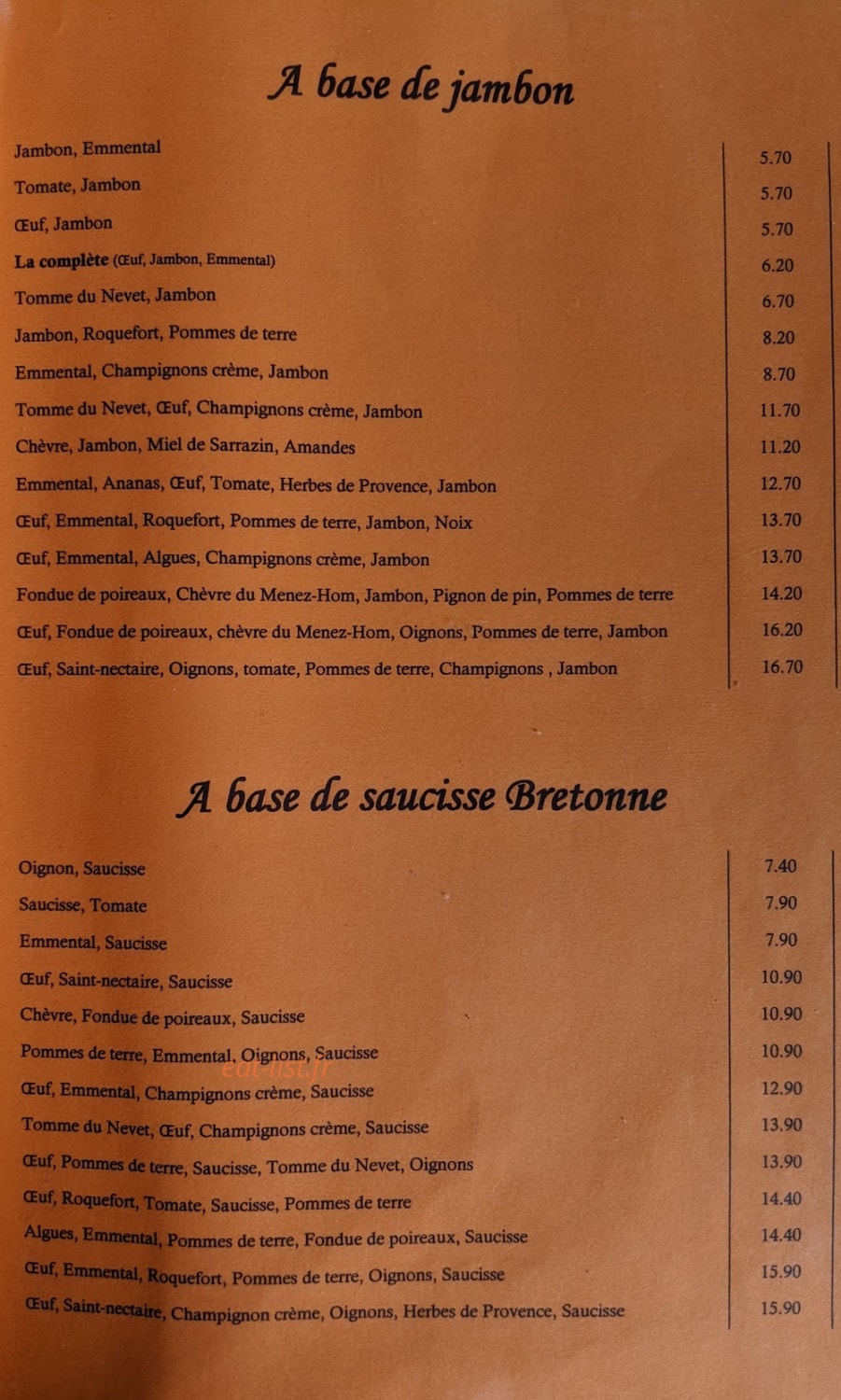 Crêperie de Saint Côme — carte page 1