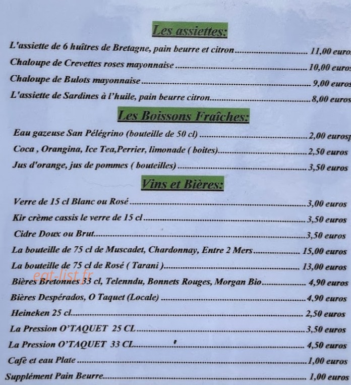 Carte et menu de Les viviers de la pêche camarétoise à Camaret sur Mer — Les assiettes, boissons fraiches et vins,...