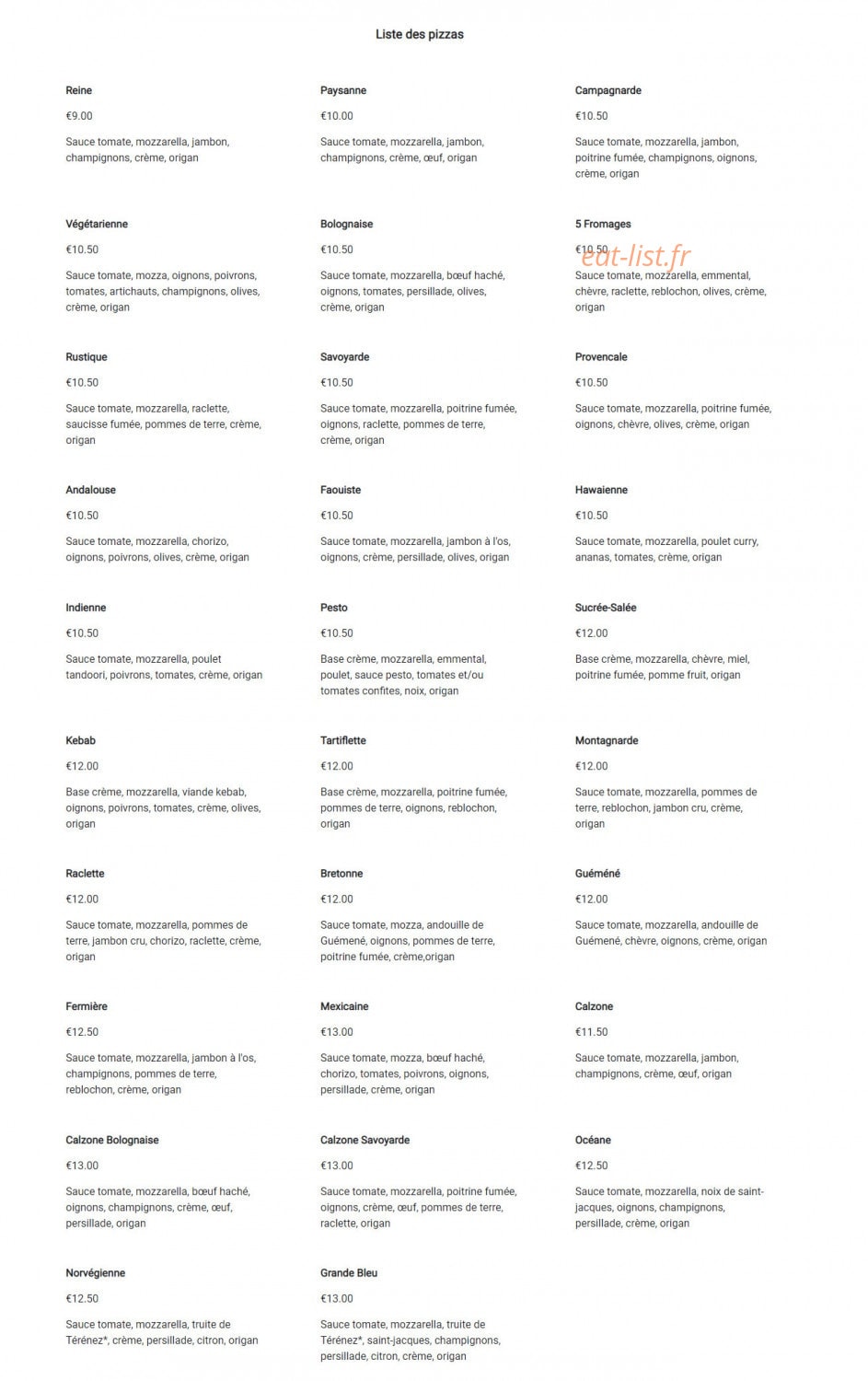 Pizzeria du Faou — carte page 1