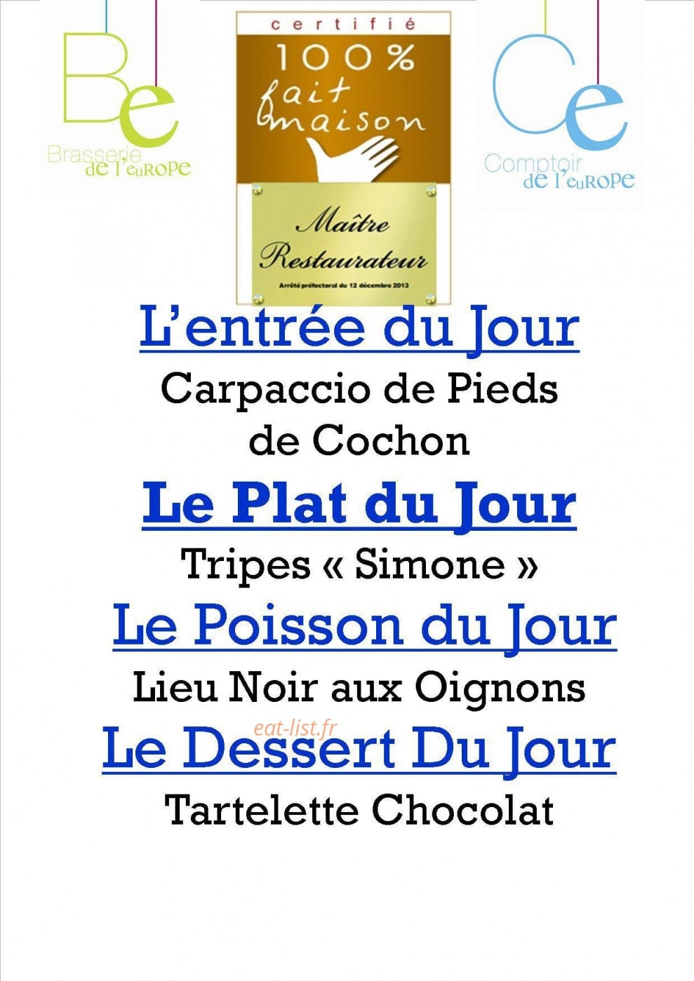 Brasserie de l'Europe — carte page 1