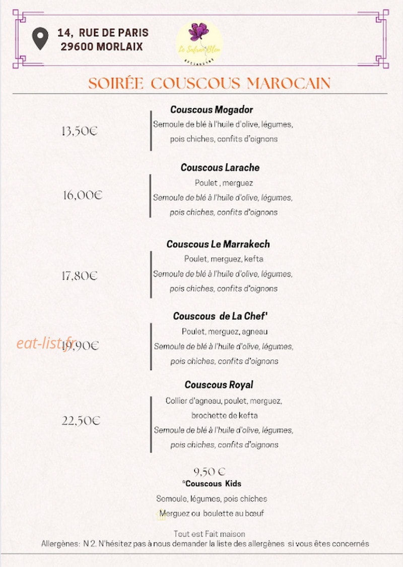 Le Safran Bleu — carte page 1
