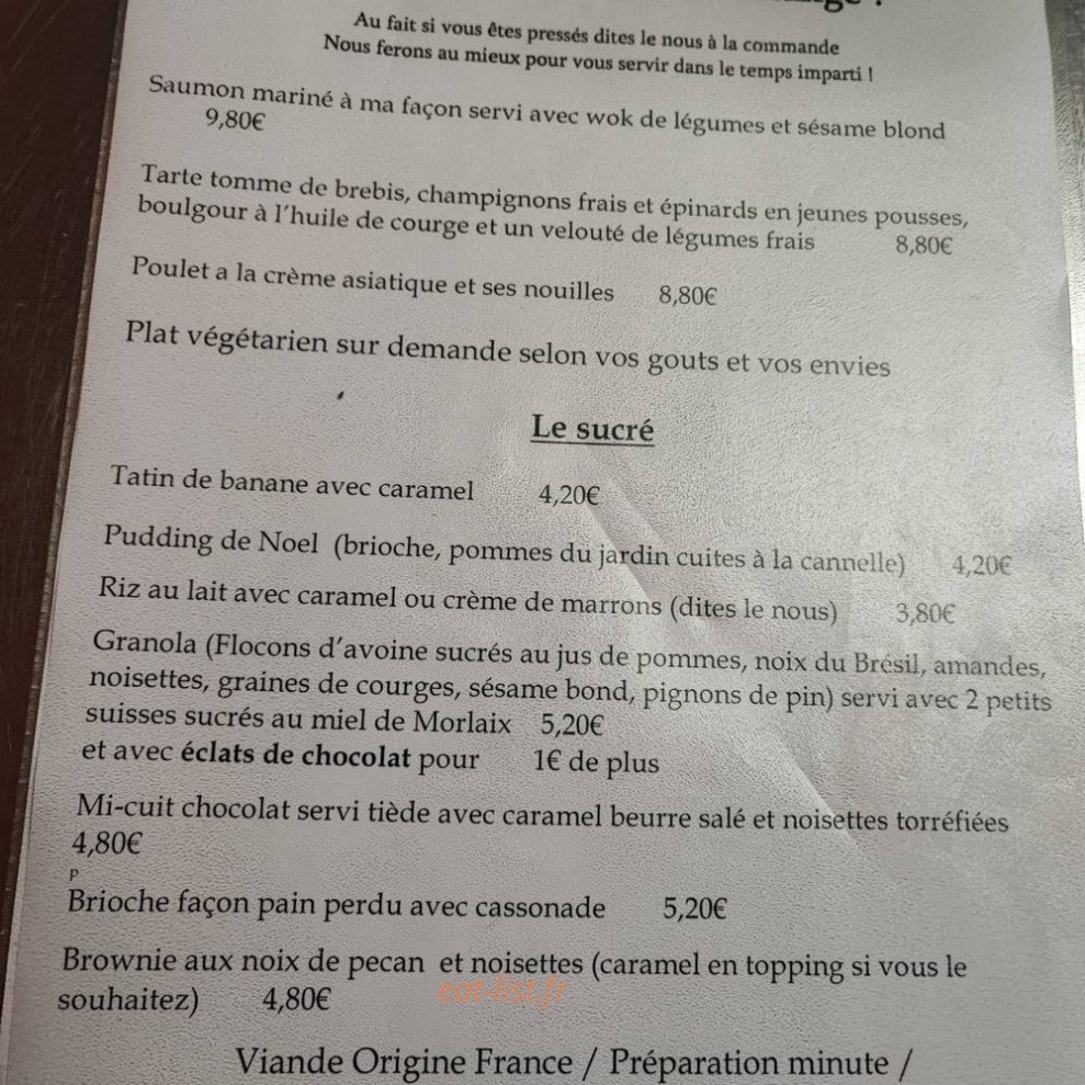Carte et menu de Madame Monsieur Bonjour à Morlaix — La carte