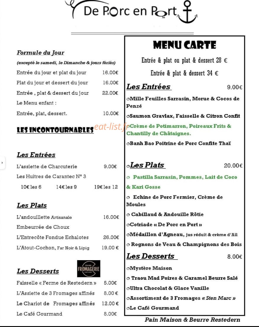 Carte et menu de Restaurant De Porc en Port à Locquenole — Les incontournables et menu carte