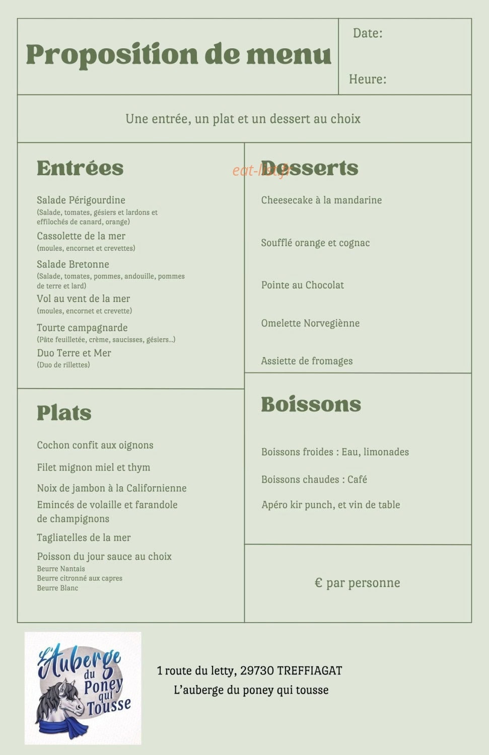 Carte et menu de L'Auberge Du Poney Qui Tousse à Treffiagat — Proposition de menu