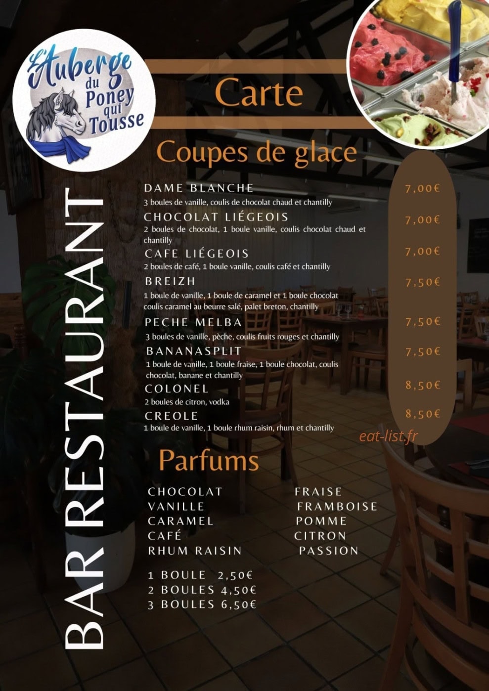 Carte et menu de L'Auberge Du Poney Qui Tousse à Treffiagat — Coupes de glace et parfums