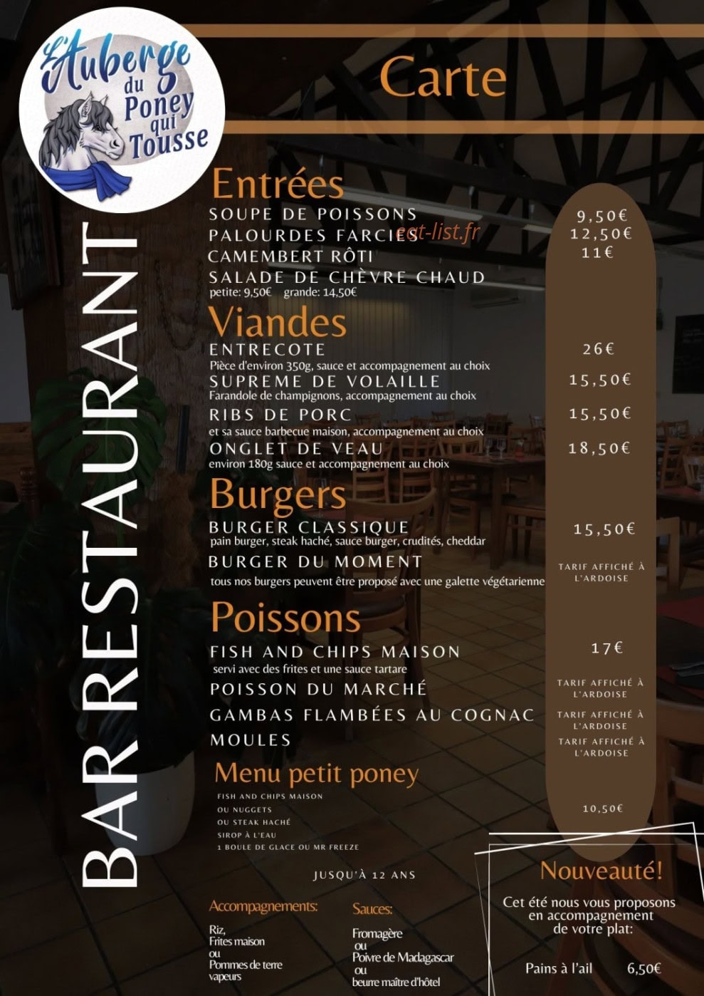 Carte et menu de L'Auberge Du Poney Qui Tousse à Treffiagat — Les entrées, viandes et burgers, ...
