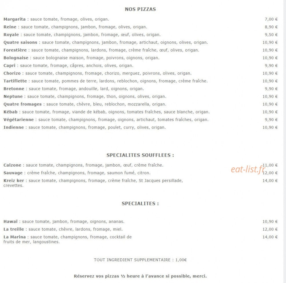 Pizzeria 14 — carte page 1