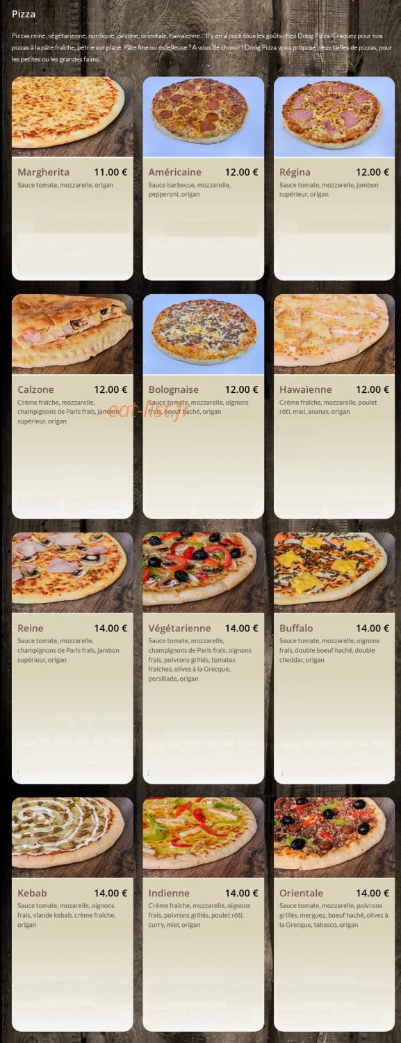 Doog Pizza — carte page 1