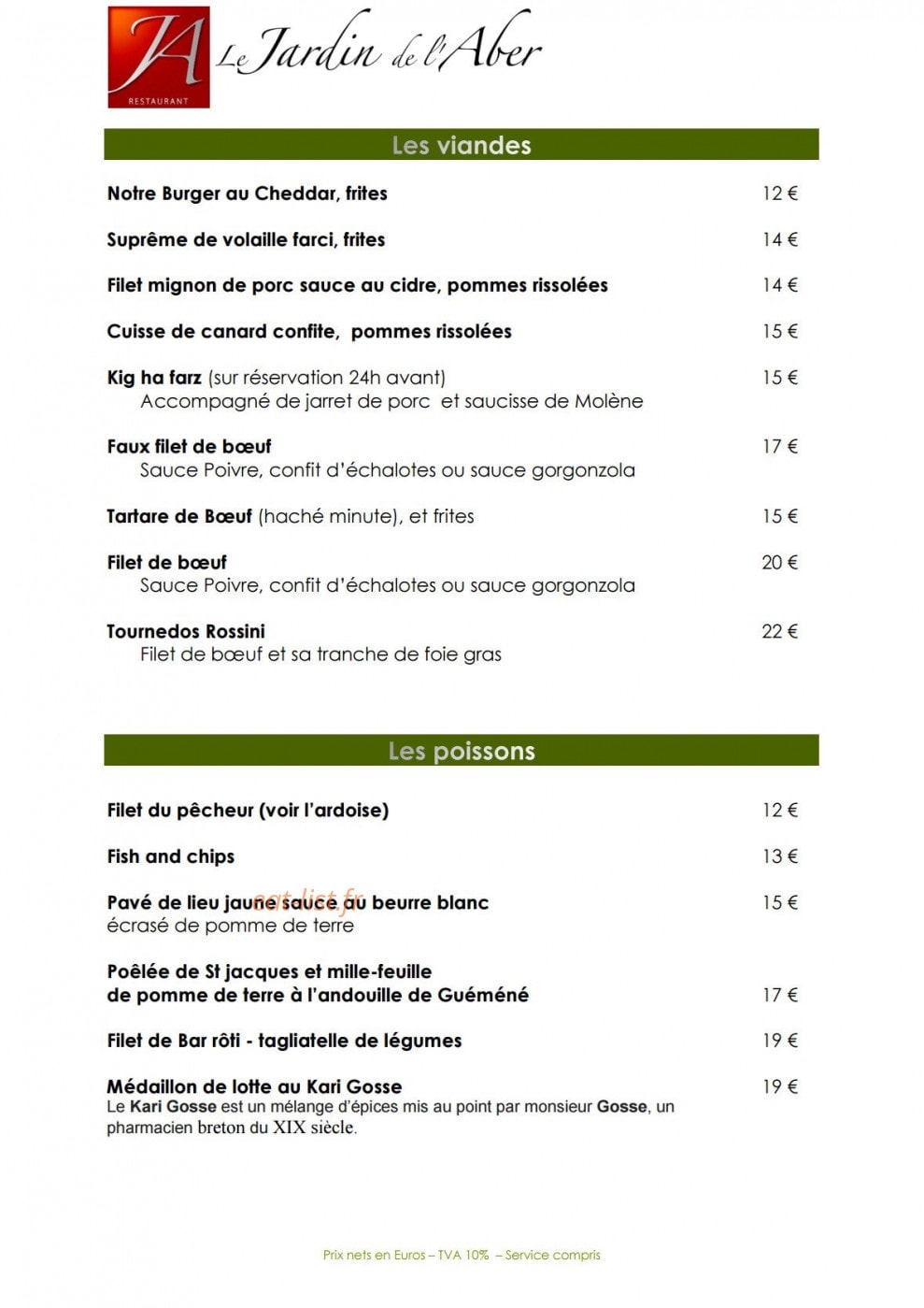 Carte et menu de Le Jardin de l'Aber à Breles — Les viandes et poissons