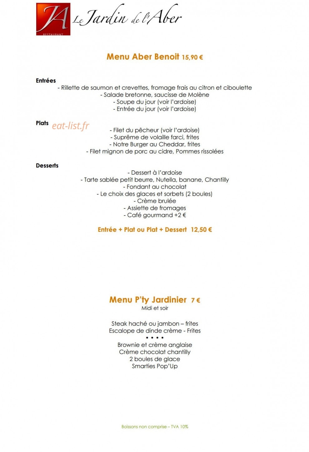 Carte et menu de Le Jardin de l'Aber à Breles — Les menus