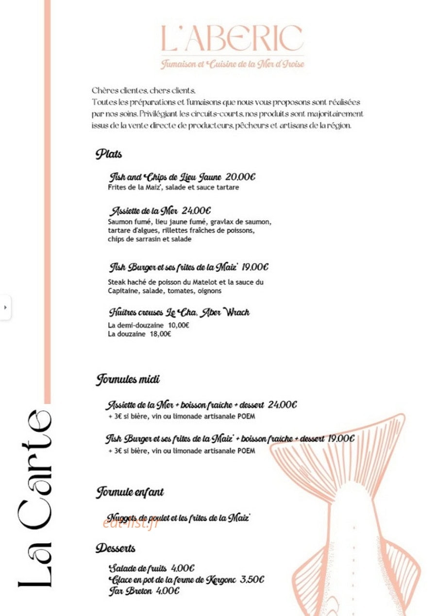 Carte et menu de L'Abéric à Ploudalmezeau — La carte