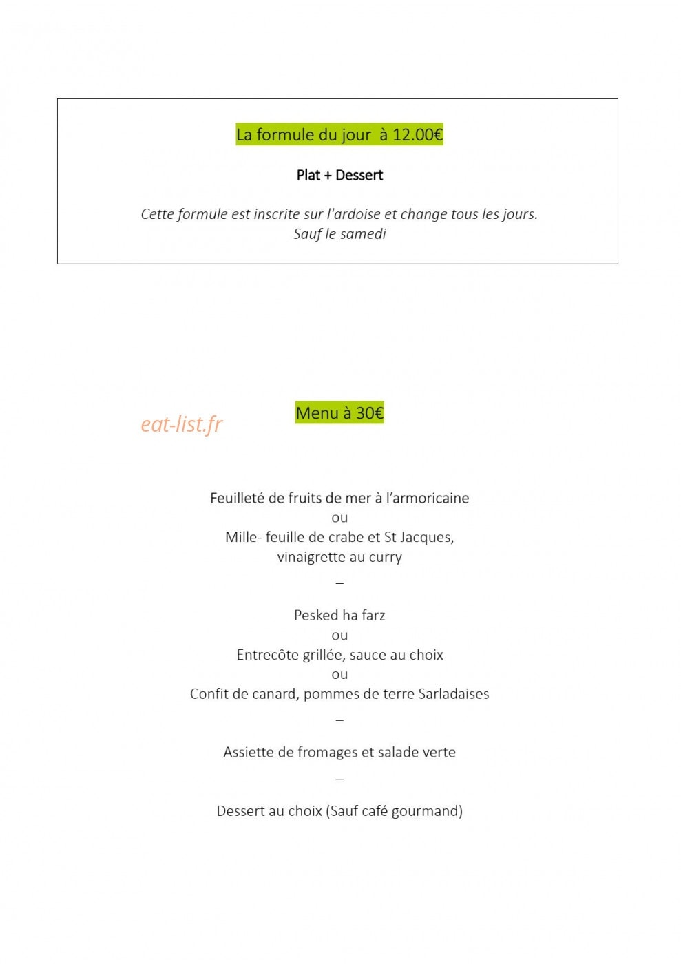 Carte et menu de Le bistro des moulins à Plouvien — Le menu à 12€ et 30€