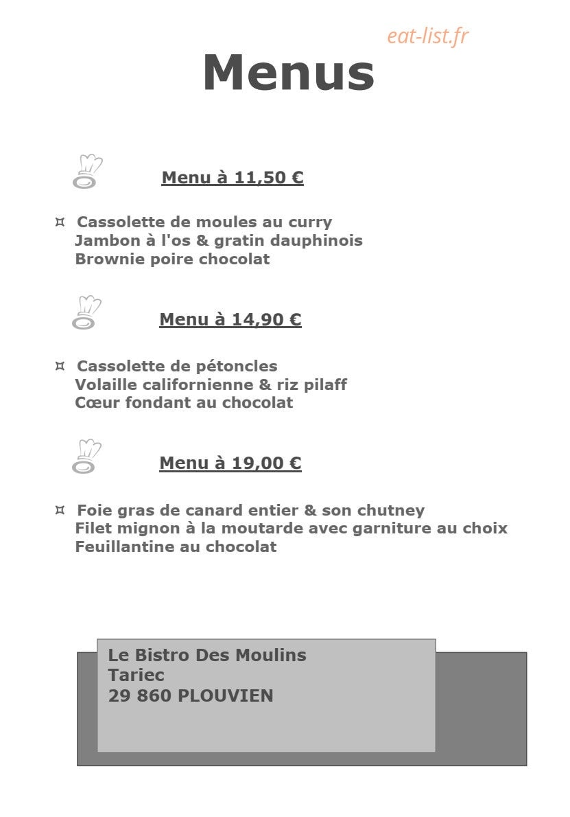 Carte et menu de Le bistro des moulins à Plouvien — Les menus