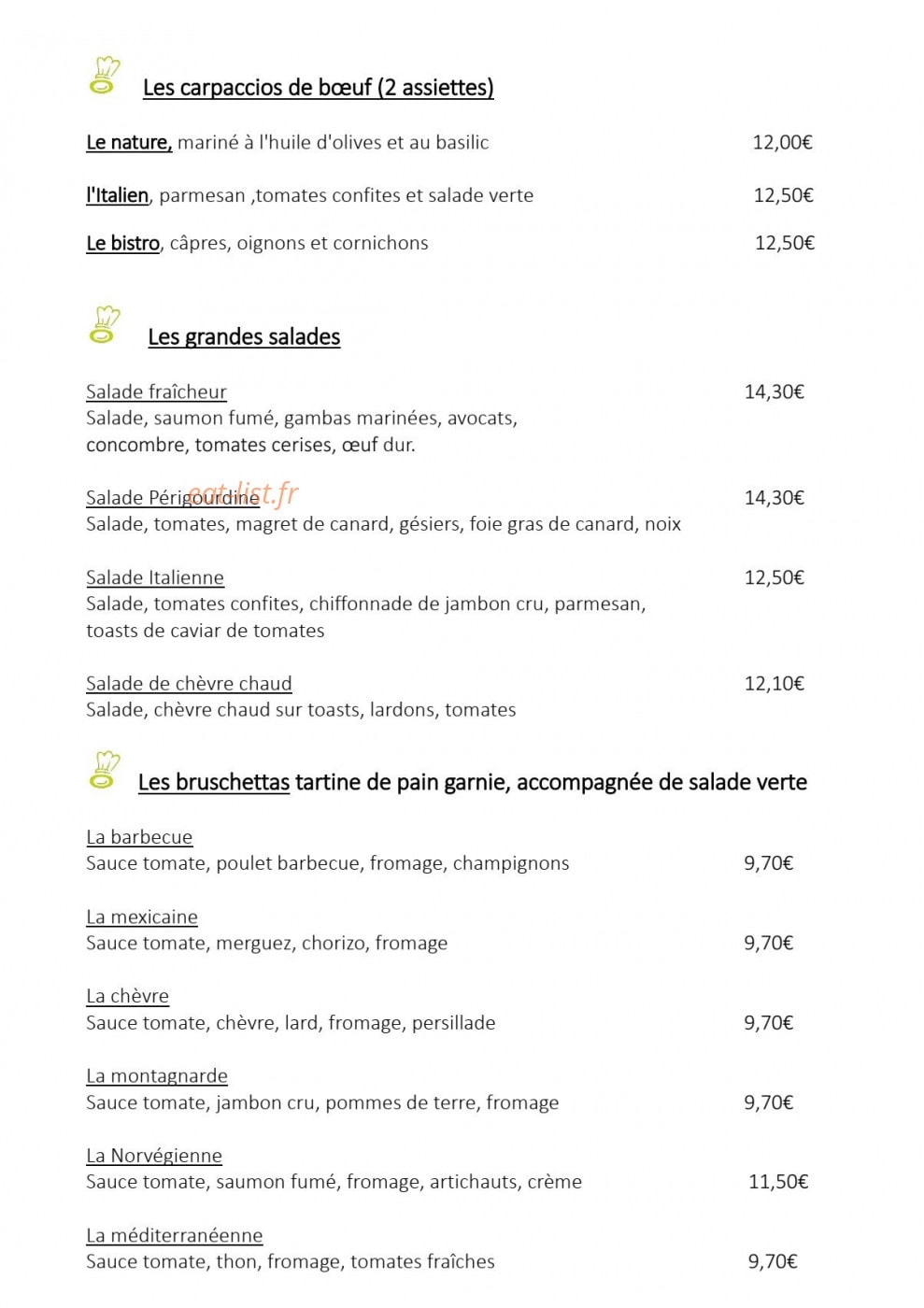 Carte et menu de Le bistro des moulins à Plouvien — Les carpaccios, de boeuf, salades et bruschettas