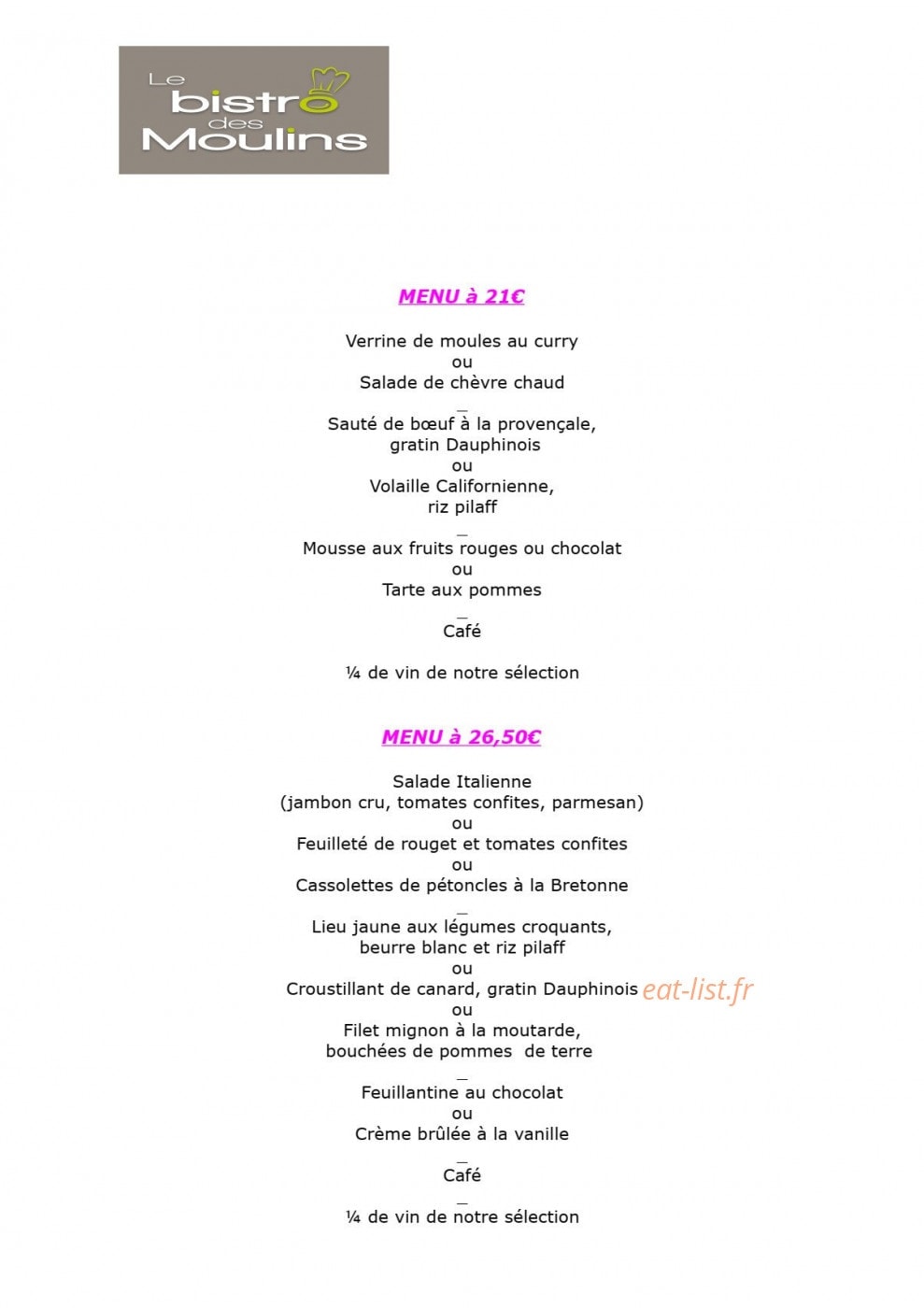 Carte et menu de Le bistro des moulins à Plouvien — Le menu à 21€ et 26,5€