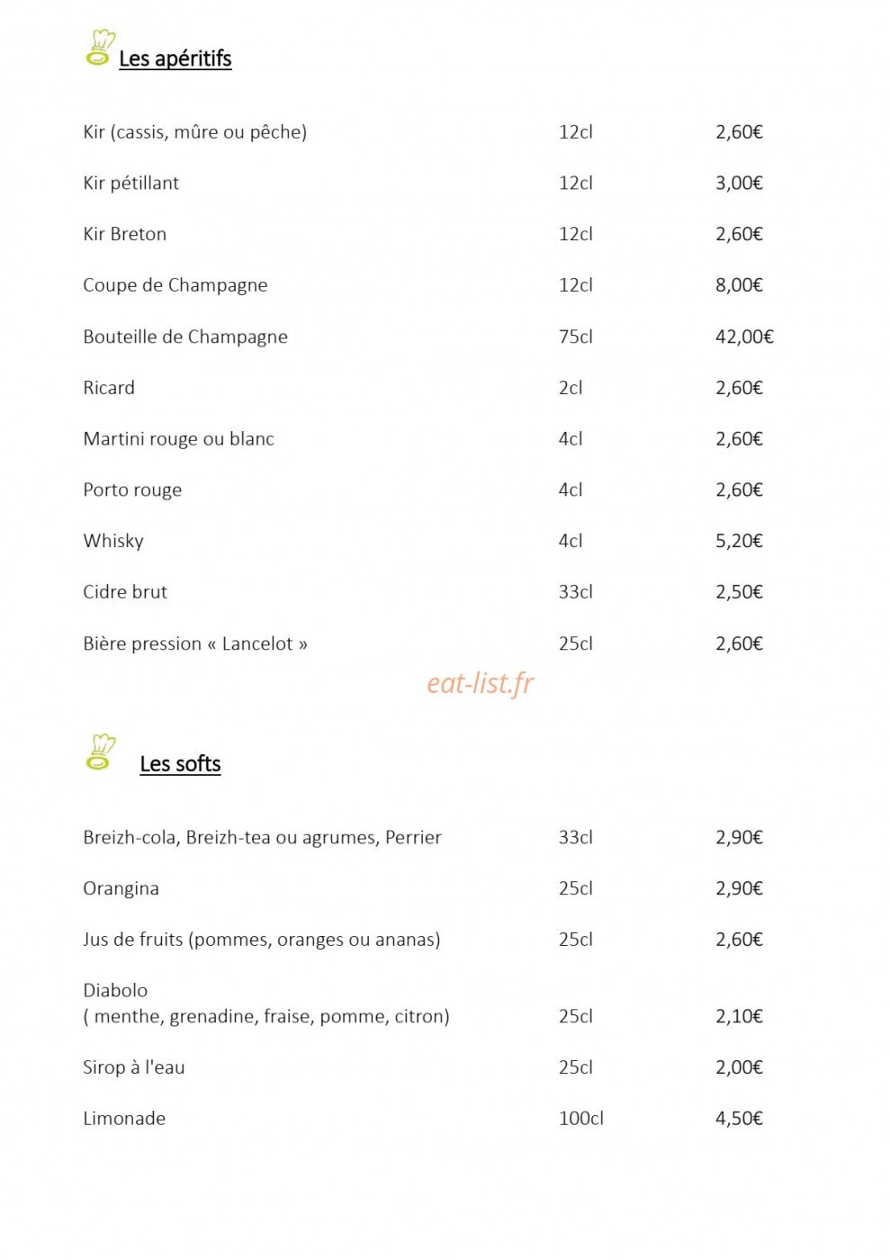 Carte et menu de Le bistro des moulins à Plouvien — Les apéritifs et softs