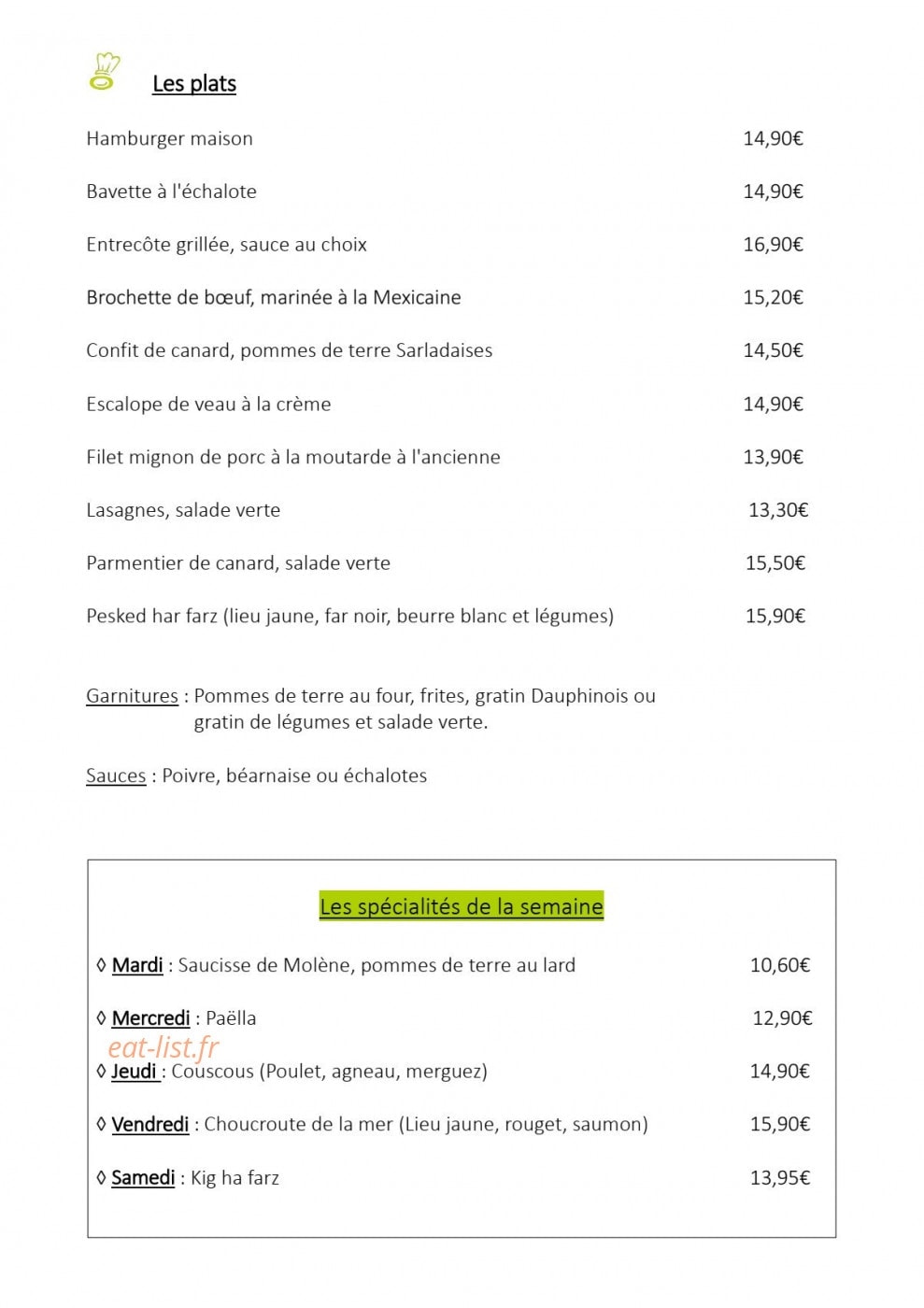 Carte et menu de Le bistro des moulins à Plouvien — Les plats