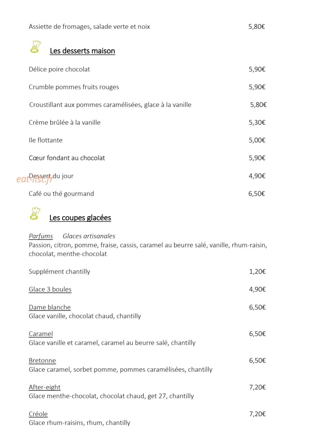 Carte et menu de Le bistro des moulins à Plouvien — Les desserts et glaces